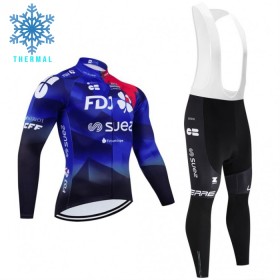 Set Fietsshirt Lange Mouw + Lange Koersbroek 2024 FDJ Suez Winter Thermal Fleece Blauw